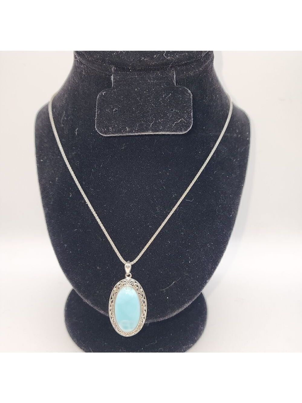 Sterling Silver Necklace With Larimar Q8" Long And Pendant Measures 1.71" - Picture 4 of 5